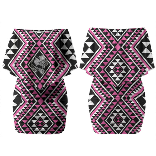 New Zealand Mawhero Taniko Motifs Couples Matching Off Shoulder Short Dress and Hawaiian Shirt Maori Poi Dance Costume Inspired
