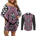 New Zealand Mawhero Taniko Motifs Couples Matching Off Shoulder Short Dress and Long Sleeve Button Shirt Maori Poi Dance Costume Inspired