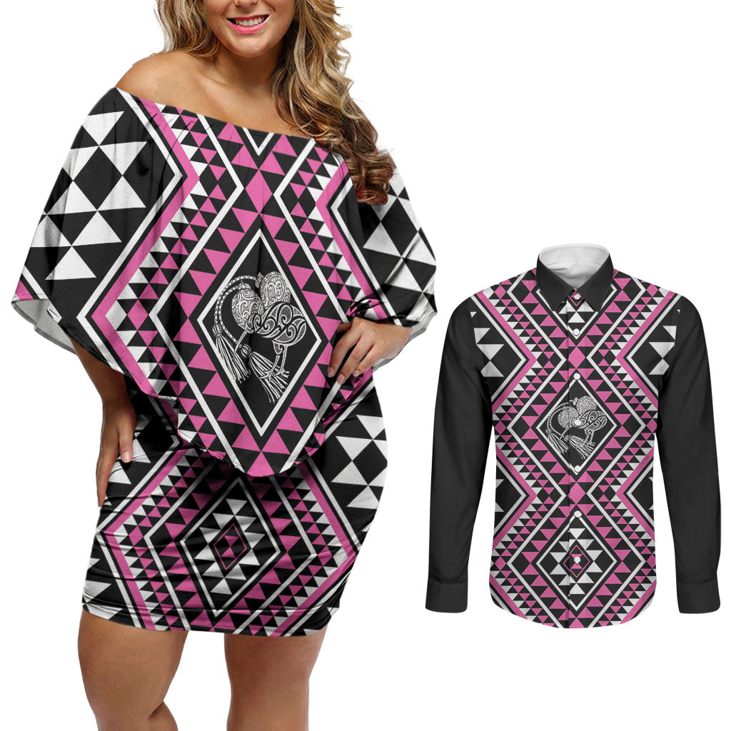 New Zealand Mawhero Taniko Motifs Couples Matching Off Shoulder Short Dress and Long Sleeve Button Shirt Maori Poi Dance Costume Inspired