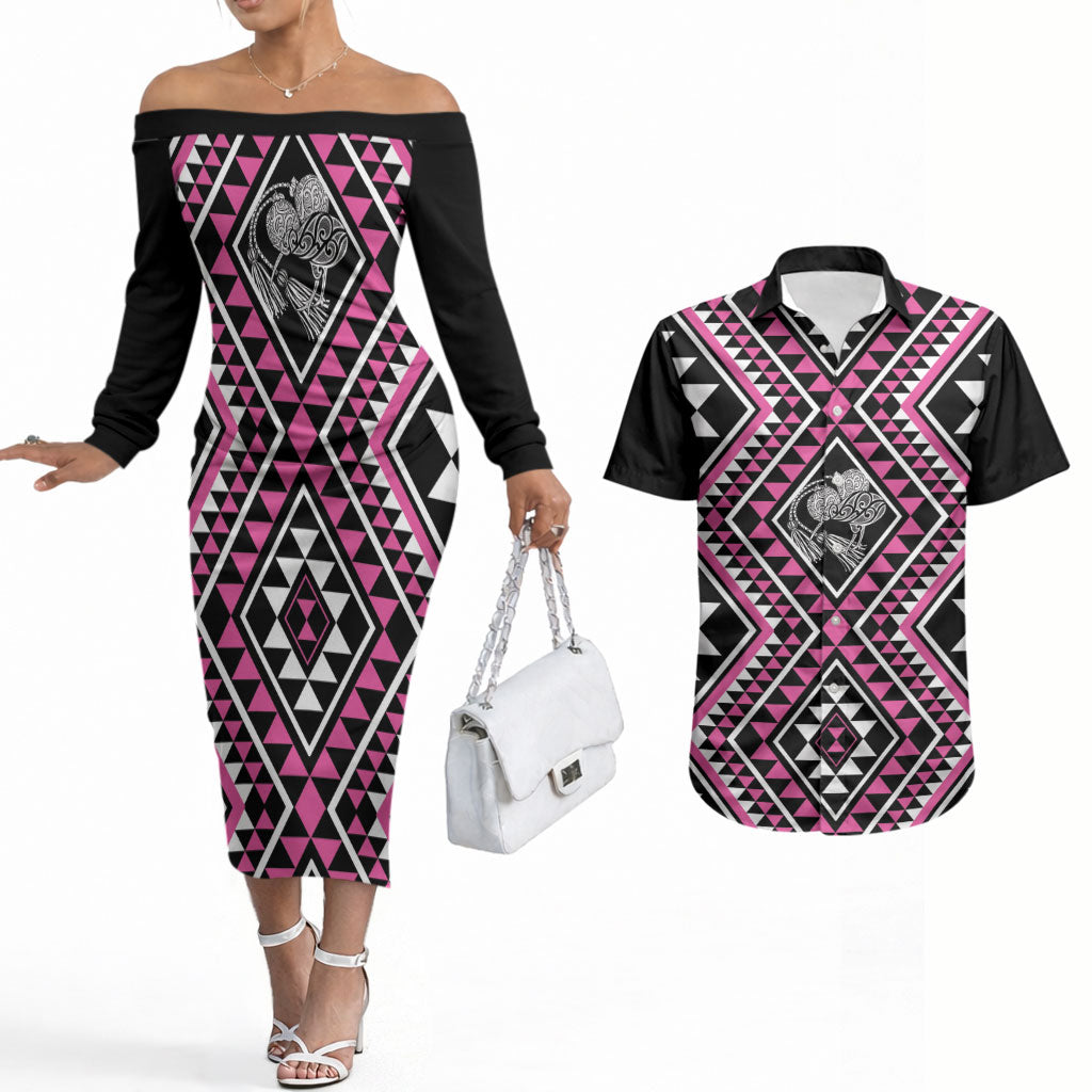 New Zealand Mawhero Taniko Motifs Couples Matching Off The Shoulder Long Sleeve Dress and Hawaiian Shirt Maori Poi Dance Costume Inspired