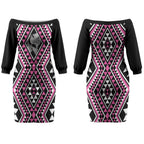New Zealand Mawhero Taniko Motifs Couples Matching Off The Shoulder Long Sleeve Dress and Hawaiian Shirt Maori Poi Dance Costume Inspired