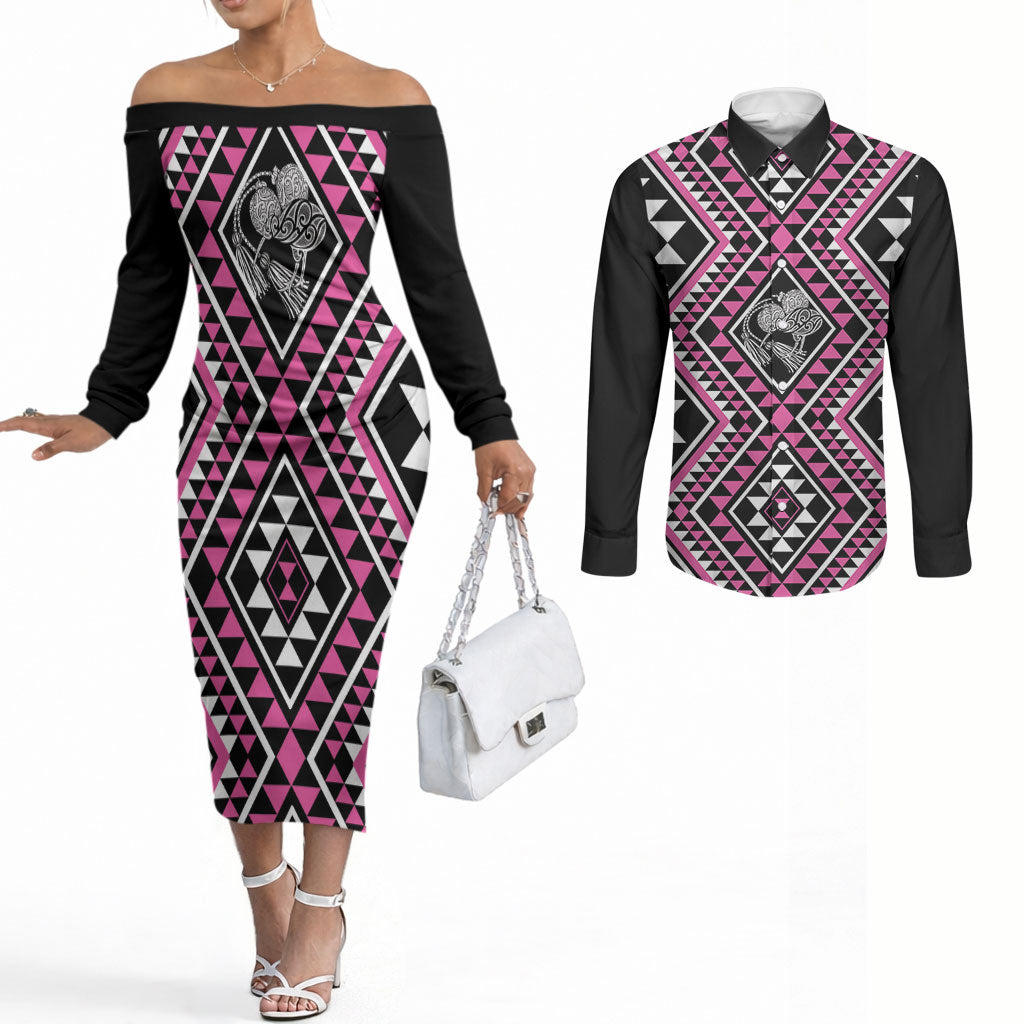 New Zealand Mawhero Taniko Motifs Couples Matching Off The Shoulder Long Sleeve Dress and Long Sleeve Button Shirt Maori Poi Dance Costume Inspired