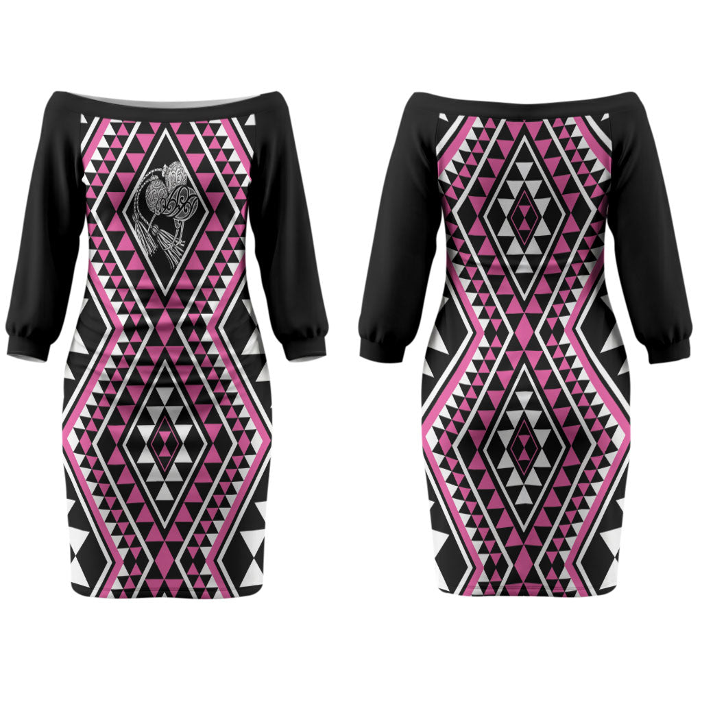 New Zealand Mawhero Taniko Motifs Couples Matching Off The Shoulder Long Sleeve Dress and Long Sleeve Button Shirt Maori Poi Dance Costume Inspired