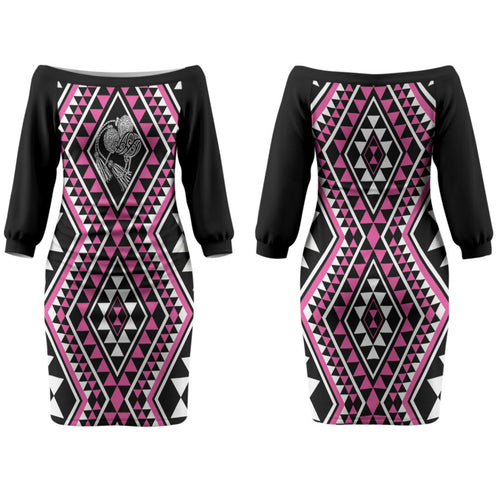 New Zealand Mawhero Taniko Motifs Couples Matching Off The Shoulder Long Sleeve Dress and Long Sleeve Button Shirt Maori Poi Dance Costume Inspired