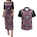 New Zealand Mawhero Taniko Motifs Couples Matching Puletasi and Hawaiian Shirt Maori Poi Dance Costume Inspired