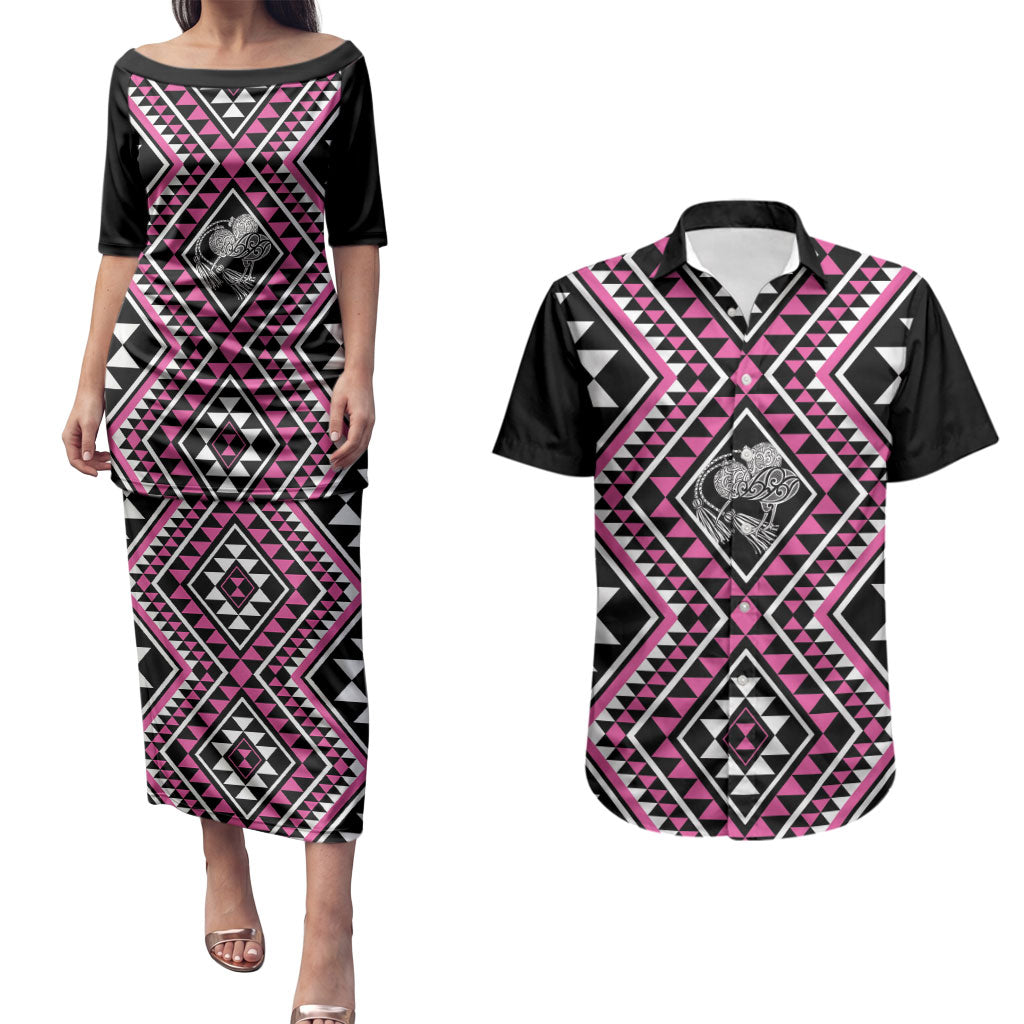 New Zealand Mawhero Taniko Motifs Couples Matching Puletasi and Hawaiian Shirt Maori Poi Dance Costume Inspired