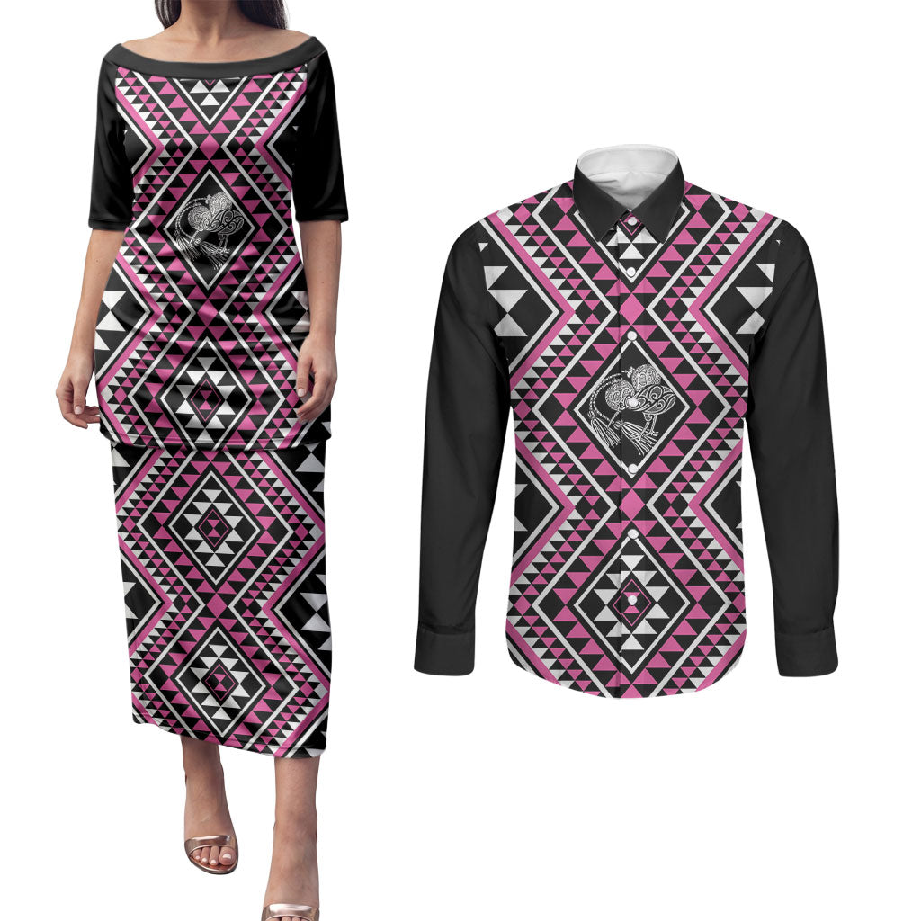 New Zealand Mawhero Taniko Motifs Couples Matching Puletasi and Long Sleeve Button Shirt Maori Poi Dance Costume Inspired