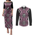 New Zealand Mawhero Taniko Motifs Couples Matching Puletasi and Long Sleeve Button Shirt Maori Poi Dance Costume Inspired