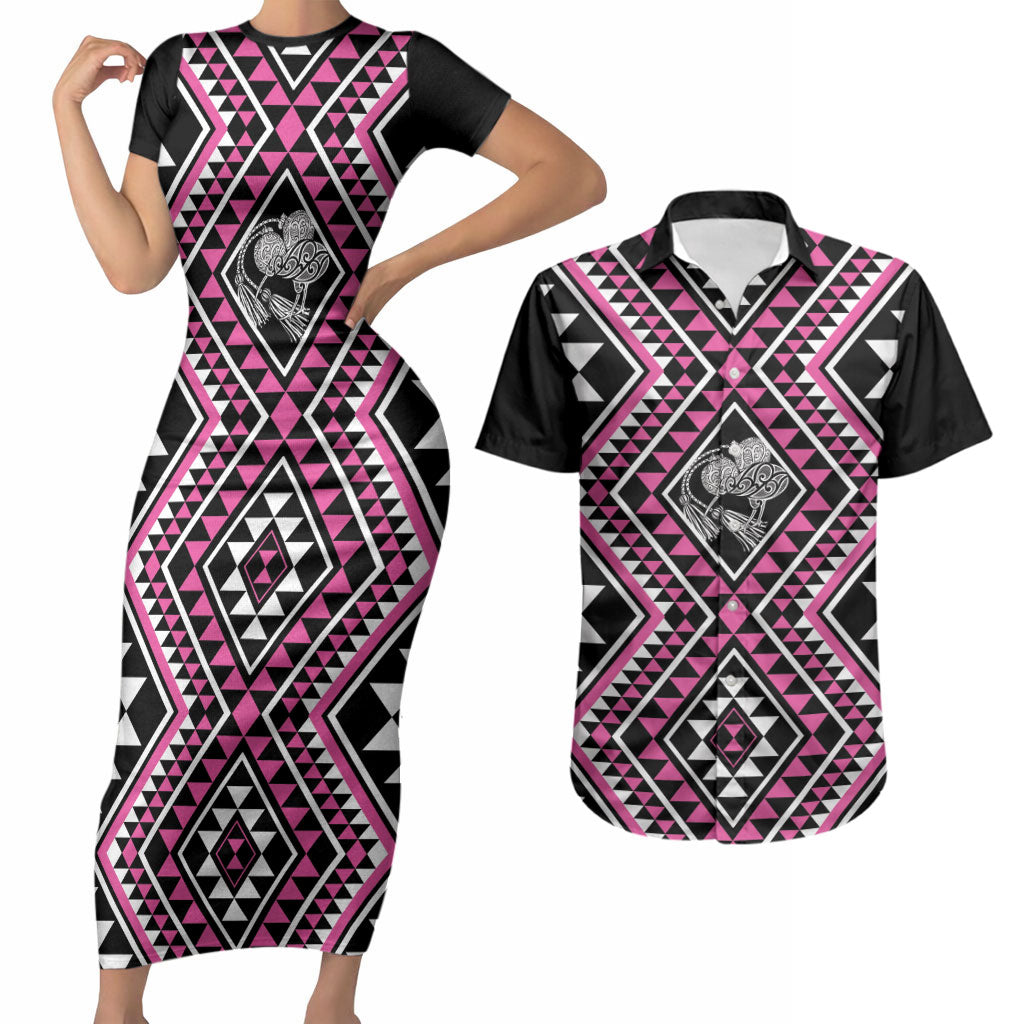 New Zealand Mawhero Taniko Motifs Couples Matching Short Sleeve Bodycon Dress and Hawaiian Shirt Maori Poi Dance Costume Inspired