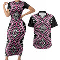 New Zealand Mawhero Taniko Motifs Couples Matching Short Sleeve Bodycon Dress and Hawaiian Shirt Maori Poi Dance Costume Inspired