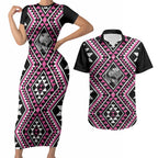 New Zealand Mawhero Taniko Motifs Couples Matching Short Sleeve Bodycon Dress and Hawaiian Shirt Maori Poi Dance Costume Inspired