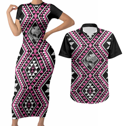 New Zealand Mawhero Taniko Motifs Couples Matching Short Sleeve Bodycon Dress and Hawaiian Shirt Maori Poi Dance Costume Inspired