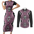 New Zealand Mawhero Taniko Motifs Couples Matching Short Sleeve Bodycon Dress and Long Sleeve Button Shirt Maori Poi Dance Costume Inspired