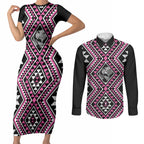 New Zealand Mawhero Taniko Motifs Couples Matching Short Sleeve Bodycon Dress and Long Sleeve Button Shirt Maori Poi Dance Costume Inspired