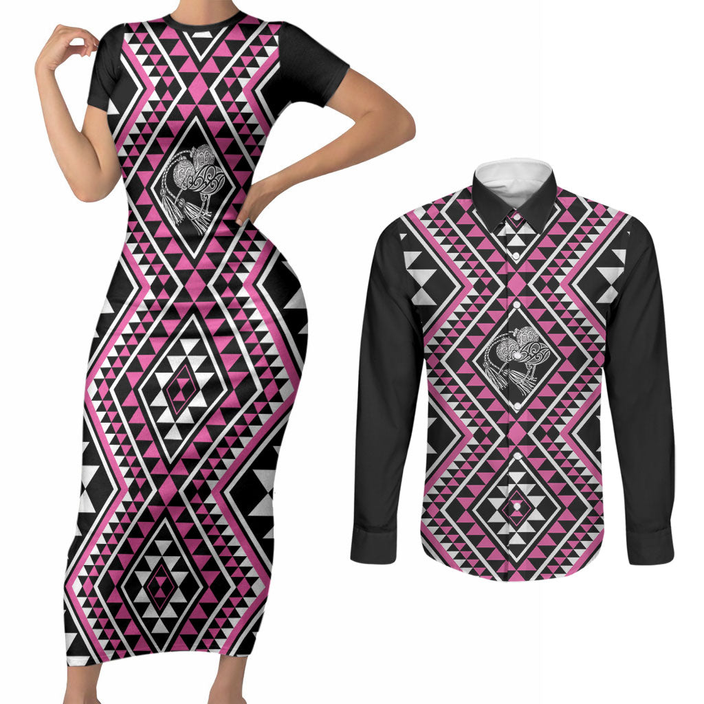 New Zealand Mawhero Taniko Motifs Couples Matching Short Sleeve Bodycon Dress and Long Sleeve Button Shirt Maori Poi Dance Costume Inspired