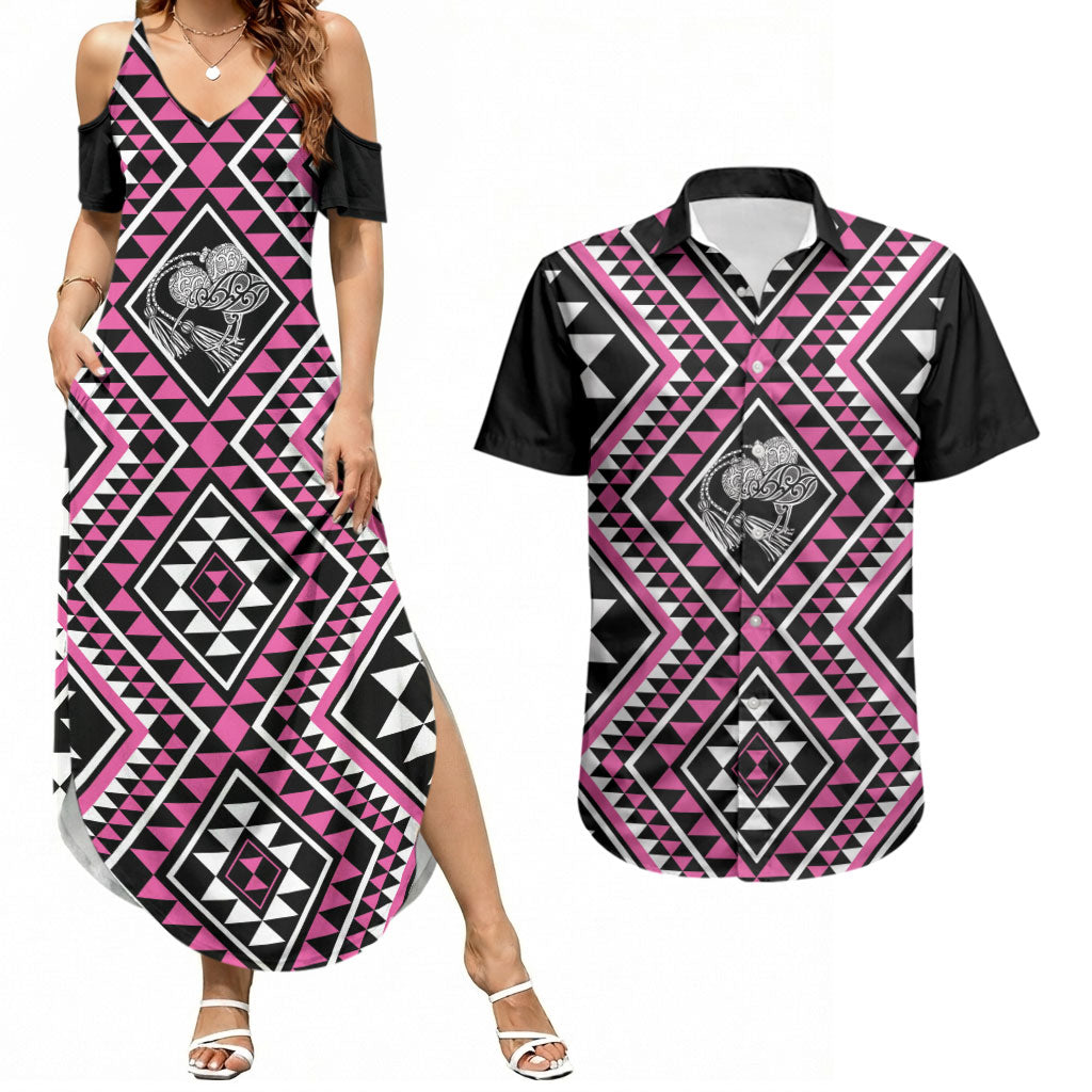 New Zealand Mawhero Taniko Motifs Couples Matching Summer Maxi Dress and Hawaiian Shirt Maori Poi Dance Costume Inspired