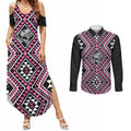 New Zealand Mawhero Taniko Motifs Couples Matching Summer Maxi Dress and Long Sleeve Button Shirt Maori Poi Dance Costume Inspired