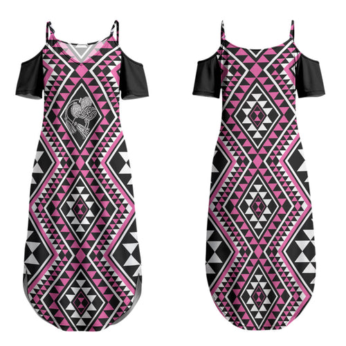 New Zealand Mawhero Taniko Motifs Couples Matching Summer Maxi Dress and Long Sleeve Button Shirt Maori Poi Dance Costume Inspired