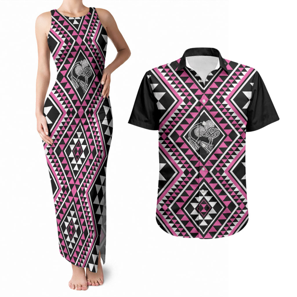 New Zealand Mawhero Taniko Motifs Couples Matching Tank Maxi Dress and Hawaiian Shirt Maori Poi Dance Costume Inspired
