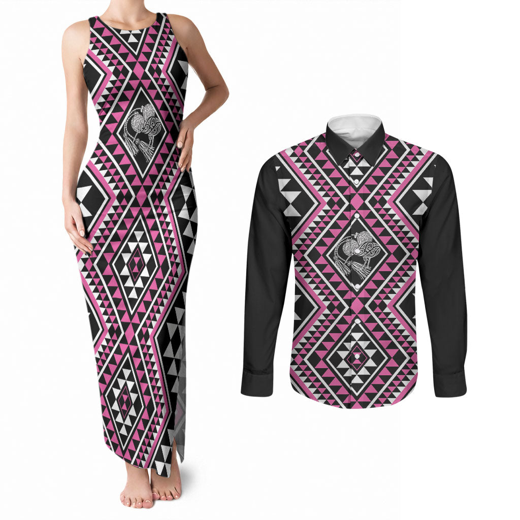New Zealand Mawhero Taniko Motifs Couples Matching Tank Maxi Dress and Long Sleeve Button Shirt Maori Poi Dance Costume Inspired