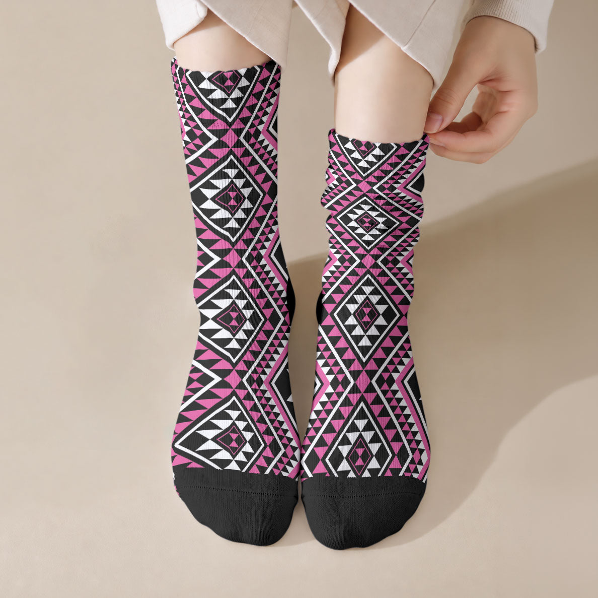 New Zealand Mawhero Taniko Motifs Crew Socks Maori Poi Dance Costume Inspired