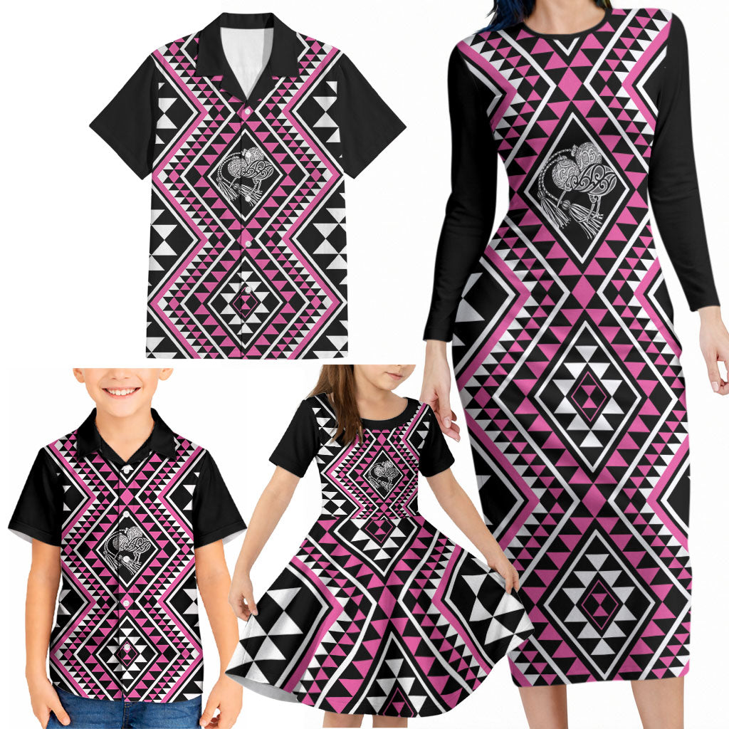New Zealand Mawhero Taniko Motifs Family Matching Long Sleeve Bodycon Dress and Hawaiian Shirt Maori Poi Dance Costume Inspired