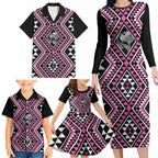 New Zealand Mawhero Taniko Motifs Family Matching Long Sleeve Bodycon Dress and Hawaiian Shirt Maori Poi Dance Costume Inspired
