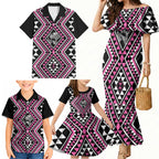 New Zealand Mawhero Taniko Motifs Family Matching Mermaid Dress and Hawaiian Shirt Maori Poi Dance Costume Inspired