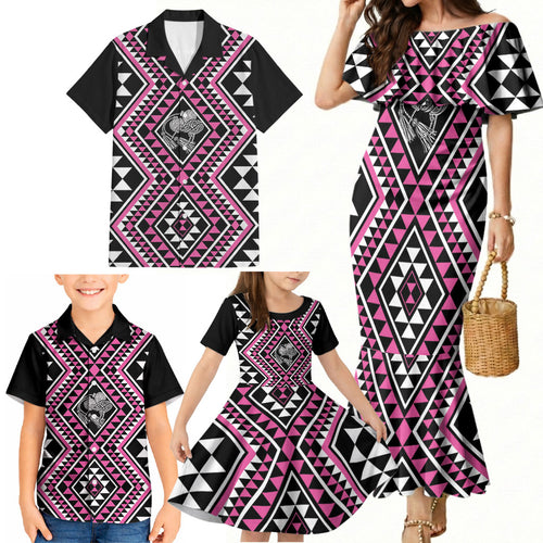 New Zealand Mawhero Taniko Motifs Family Matching Mermaid Dress and Hawaiian Shirt Maori Poi Dance Costume Inspired