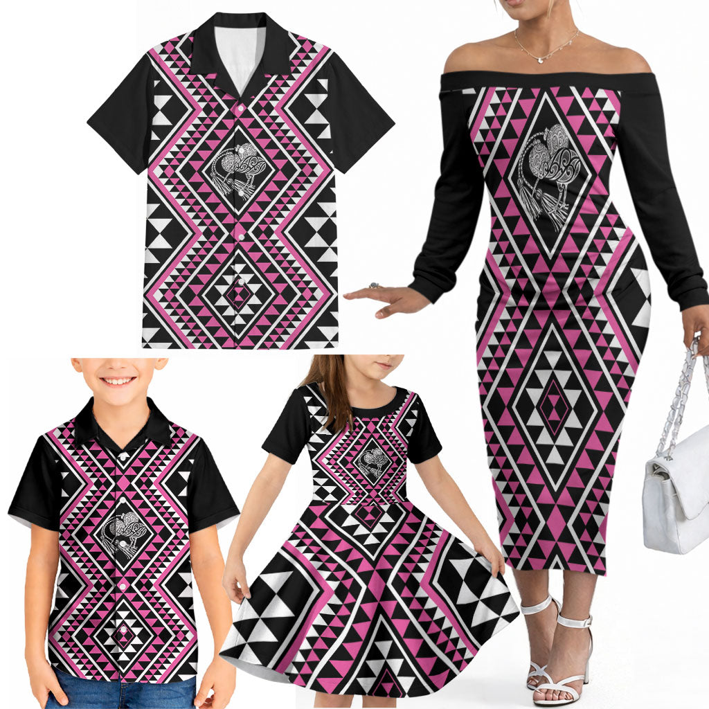New Zealand Mawhero Taniko Motifs Family Matching Off The Shoulder Long Sleeve Dress and Hawaiian Shirt Maori Poi Dance Costume Inspired