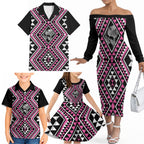 New Zealand Mawhero Taniko Motifs Family Matching Off The Shoulder Long Sleeve Dress and Hawaiian Shirt Maori Poi Dance Costume Inspired