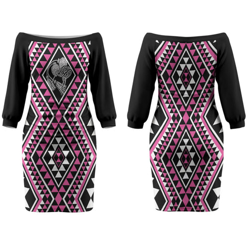 New Zealand Mawhero Taniko Motifs Family Matching Off The Shoulder Long Sleeve Dress and Hawaiian Shirt Maori Poi Dance Costume Inspired