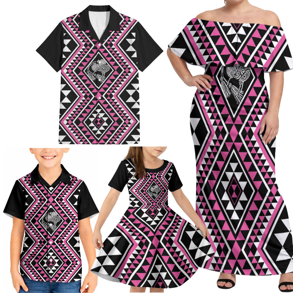New Zealand Mawhero Taniko Motifs Family Matching Off Shoulder Maxi Dress and Hawaiian Shirt Maori Poi Dance Costume Inspired
