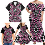 New Zealand Mawhero Taniko Motifs Family Matching Off Shoulder Maxi Dress and Hawaiian Shirt Maori Poi Dance Costume Inspired