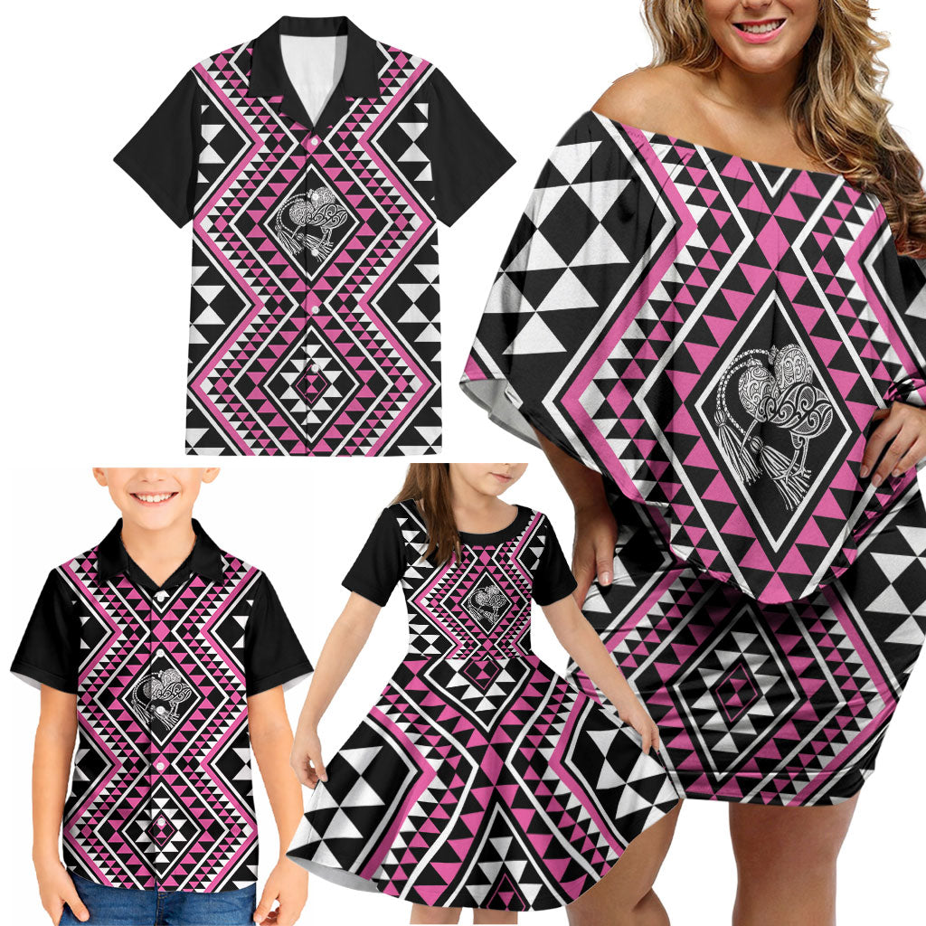 New Zealand Mawhero Taniko Motifs Family Matching Off Shoulder Short Dress and Hawaiian Shirt Maori Poi Dance Costume Inspired