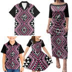New Zealand Mawhero Taniko Motifs Family Matching Puletasi and Hawaiian Shirt Maori Poi Dance Costume Inspired