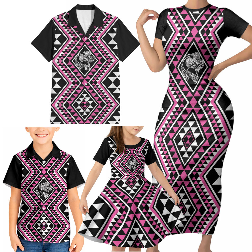 New Zealand Mawhero Taniko Motifs Family Matching Short Sleeve Bodycon Dress and Hawaiian Shirt Maori Poi Dance Costume Inspired