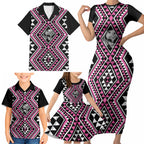 New Zealand Mawhero Taniko Motifs Family Matching Short Sleeve Bodycon Dress and Hawaiian Shirt Maori Poi Dance Costume Inspired