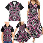 New Zealand Mawhero Taniko Motifs Family Matching Summer Maxi Dress and Hawaiian Shirt Maori Poi Dance Costume Inspired