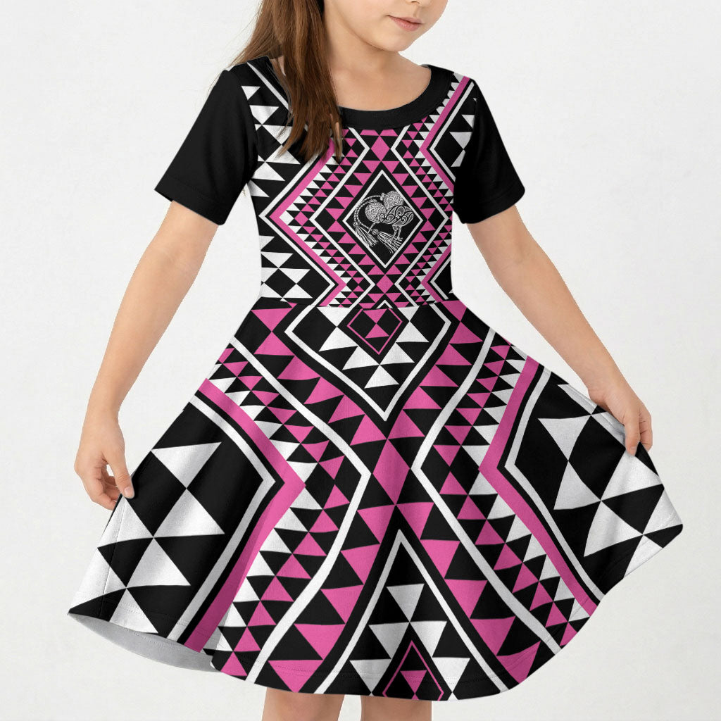 New Zealand Mawhero Taniko Motifs Kid Short Sleeve Dress Maori Poi Dance Costume Inspired