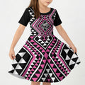 New Zealand Mawhero Taniko Motifs Kid Short Sleeve Dress Maori Poi Dance Costume Inspired
