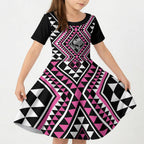 New Zealand Mawhero Taniko Motifs Kid Short Sleeve Dress Maori Poi Dance Costume Inspired