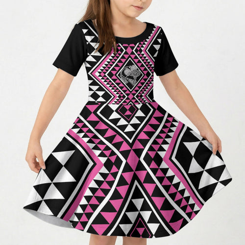 New Zealand Mawhero Taniko Motifs Kid Short Sleeve Dress Maori Poi Dance Costume Inspired