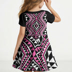 New Zealand Mawhero Taniko Motifs Kid Short Sleeve Dress Maori Poi Dance Costume Inspired