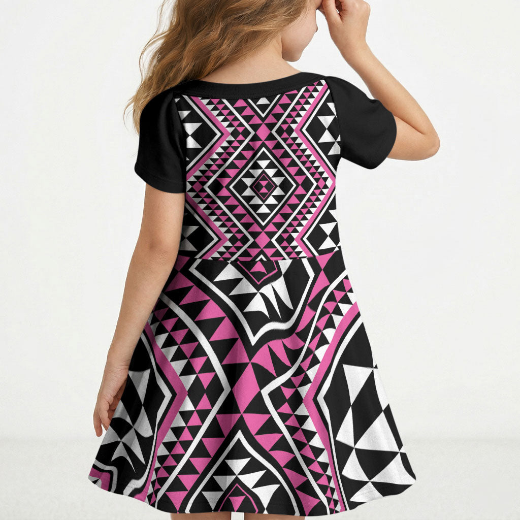 New Zealand Mawhero Taniko Motifs Kid Short Sleeve Dress Maori Poi Dance Costume Inspired