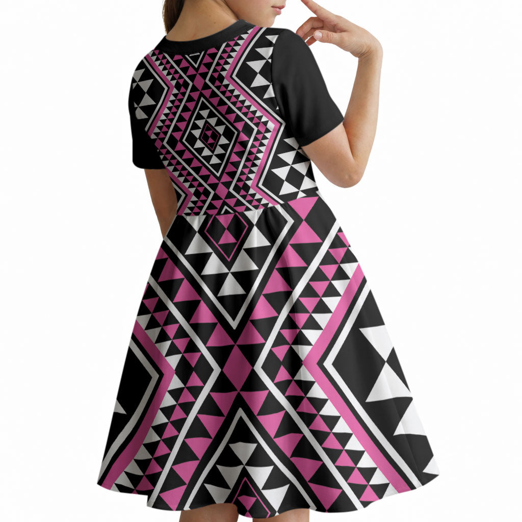 New Zealand Mawhero Taniko Motifs Kid Short Sleeve Dress Maori Poi Dance Costume Inspired