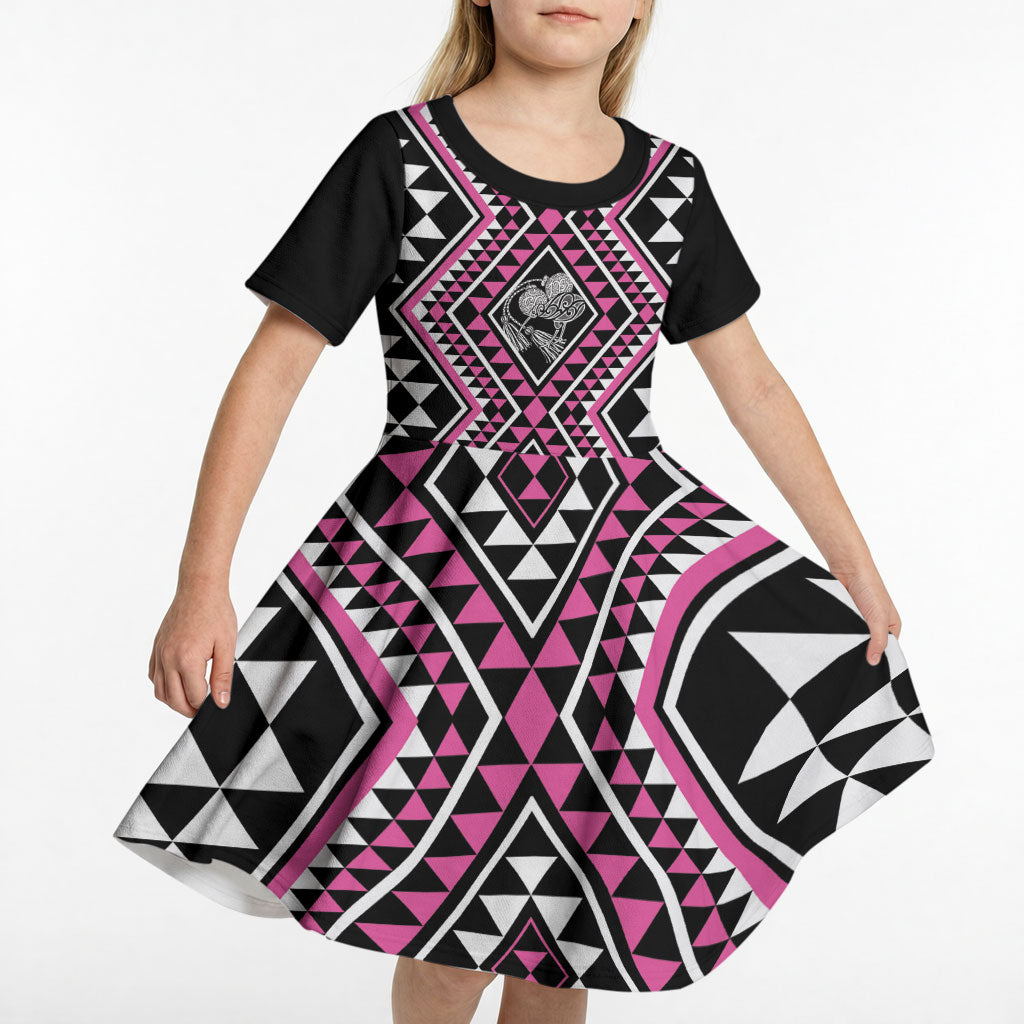 New Zealand Mawhero Taniko Motifs Kid Short Sleeve Dress Maori Poi Dance Costume Inspired