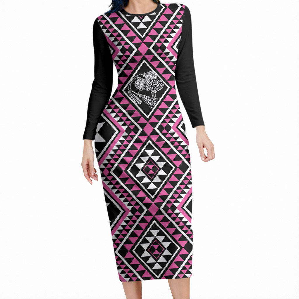 New Zealand Mawhero Taniko Motifs Long Sleeve Bodycon Dress Maori Poi Dance Costume Inspired