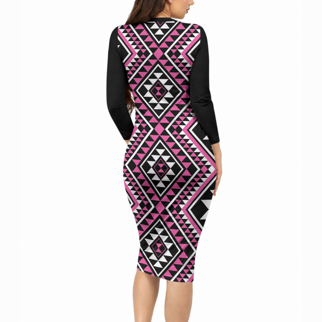 New Zealand Mawhero Taniko Motifs Long Sleeve Bodycon Dress Maori Poi Dance Costume Inspired