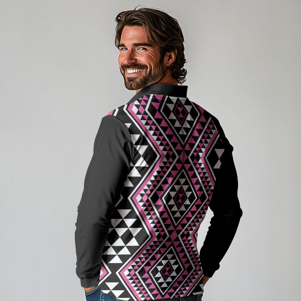 New Zealand Mawhero Taniko Motifs Long Sleeve Polo Shirt Maori Poi Dance Costume Inspired